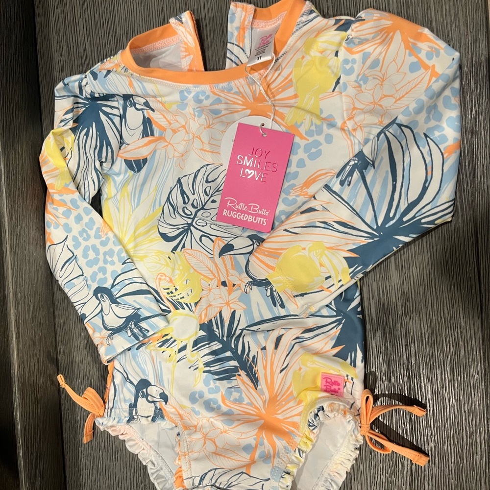 Ruffle Butts Blue and Orange Rashguard Swimwear with snaps